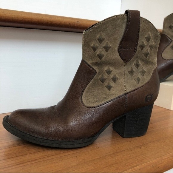 BORN Ankle Boot Womens 6 Brown Leather Capri Western Suede Bootie - Picture 1 of 11
